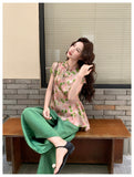 Aquamarine 2-Piece Floral Vest Pants Set Cheongsam