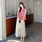 Una 2-Piece Printed Mandarin Collar Cheongsam Set