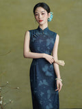 Hollyhock Radiant Navy Blue Cheongsam Dress Frog Buttons Qipao