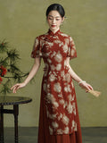 Tatyana Ornamental Brick Red Cheongsam Dress Waist Cinching Qipao