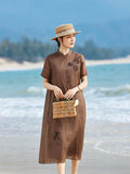 Cyclamen Coffee Striped Ramie Cheongsam Dress