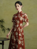 Tatyana Ornamental Brick Red Cheongsam Dress Waist Cinching Qipao