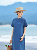 Tabitha Indigo Line Embroidery Long Cheongsam Dress