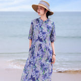 Satin Editorial Ramie Printed Cheongsam Dress Diagonal Collar Qipao