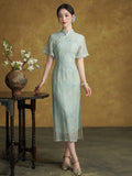 Allegro Glamorous Light Blue Embroidered Cheongsam Dress Qipao