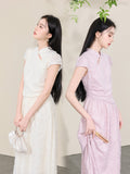 Satin Beige Floral Cut Cheongsam Dress