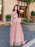 Topaz 2-Piece Pink Jacquard Cheongsam Set