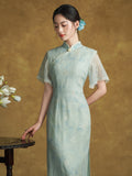 Allegro Glamorous Light Blue Embroidered Cheongsam Dress Qipao