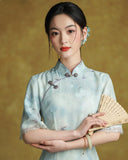 Tulip Glamorous Blue Short Sleeved Cheongsam Dress Modern Qipao
