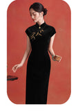 Rayna Queenly Black Velvet Cheongsam Dress Embroidered Qipao