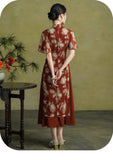 Tatyana Ornamental Brick Red Cheongsam Dress Waist Cinching Qipao