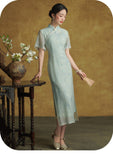 Allegro Glamorous Light Blue Embroidered Cheongsam Dress Qipao
