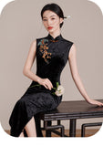 Starlight Jubilant Black Velvet Cheongsam Dress Embroidered Qipao