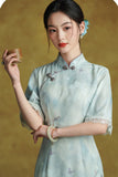 Tulip Glamorous Blue Short Sleeved Cheongsam Dress Modern Qipao