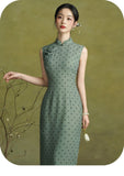 Begonia Grand Green Polka Dot Cheongsam Dress Slim Fit Qipao
