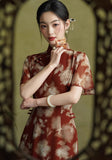 Tatyana Ornamental Brick Red Cheongsam Dress Waist Cinching Qipao