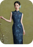 Hollyhock Radiant Navy Blue Cheongsam Dress Frog Buttons Qipao