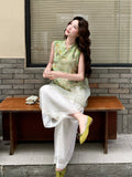 Sofia 2-Piece Printed Vest Wide-Leg Pants Cheongsam