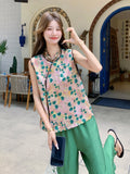 Rosalinda 2-Piece Printed Vest Wide-Leg Pants Cheongsam
