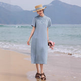 Stella Flowing Linen Embroidered Cheongsam Qipao Dress