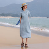 Stella Flowing Linen Embroidered Cheongsam Qipao Dress