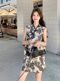 Rhiannon 2-Piece Ink Print Mandarin Collar Top Cheongsam