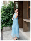 Moonlight Blue Embroidered Cheongsam Dress