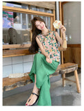 Rosalinda 2-Piece Printed Vest Wide-Leg Pants Cheongsam