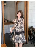 Rhiannon 2-Piece Ink Print Mandarin Collar Top Cheongsam