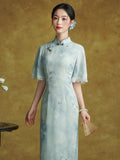 Tulip Glamorous Blue Short Sleeved Cheongsam Dress Modern Qipao