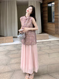 Zorina 2-Piece Pink Printed Cheongsam Set