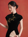 Rayna Queenly Black Velvet Cheongsam Dress Embroidered Qipao