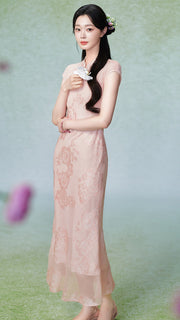 Virtue Light Pink Jacquard Cheongsam Dress