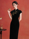 Rayna Queenly Black Velvet Cheongsam Dress Embroidered Qipao