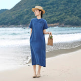 Tabitha Indigo Line Embroidery Long Cheongsam Dress