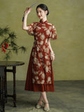 Tatyana Ornamental Brick Red Cheongsam Dress Waist Cinching Qipao