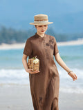 Cyclamen Coffee Striped Ramie Cheongsam Dress