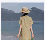 Kiara Flowing V Neck Floral Linen Cheongsam Qipao Dress