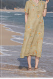 Kiara Flowing V Neck Floral Linen Cheongsam Qipao Dress