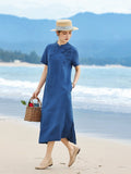 Tabitha Indigo Line Embroidery Long Cheongsam Dress