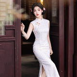 Crescendo Flowing Slim Fit Elegant White Cheongsam Qipao Dress