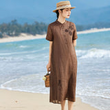 Cyclamen Coffee Striped Ramie Cheongsam Dress