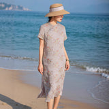 Sky Woven Gray Embroidered Cheongsam Dress