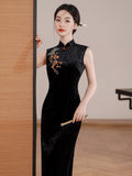 Starlight Jubilant Black Velvet Cheongsam Dress Embroidered Qipao
