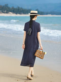 Dragon Navy Striped Ramie Cheongsam Dress