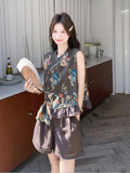 Longevity 2-Piece Asymmetrical Print Top Set Cheongsam