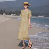 Kiara Flowing V Neck Floral Linen Cheongsam Qipao Dress