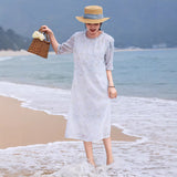 Thea Honed Ramie Cheongsam Dress Floral Embroidered Qipao