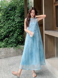 Moonlight Blue Embroidered Cheongsam Dress