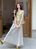 Canvas 2-Piece Printed Top Satin Cheongsam
